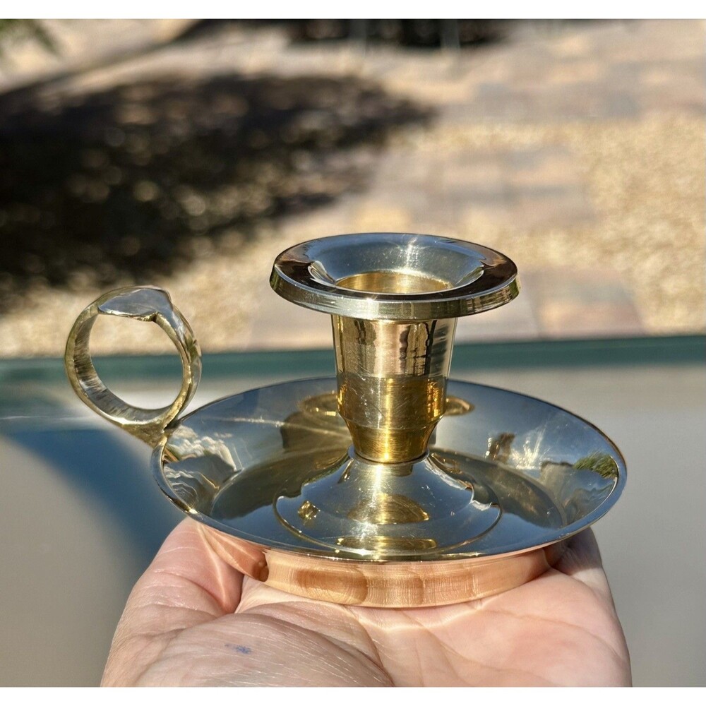 Solid Brass Chamberstick Candle Holder Finger Loop Drip Pan Made In India